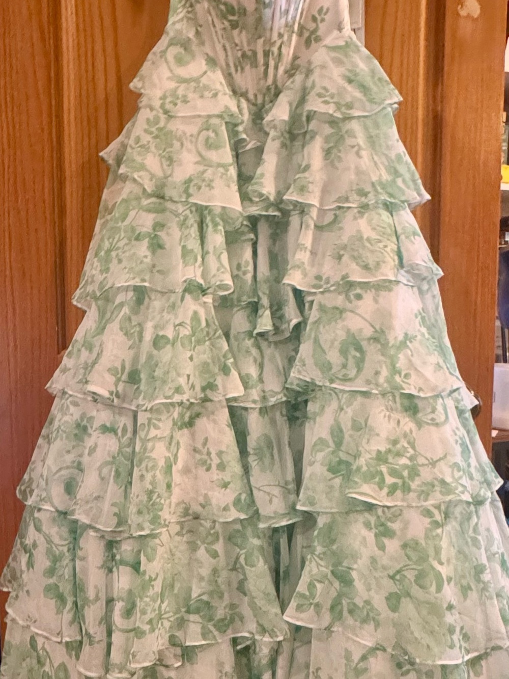 Portia & Scarlett one of kind sample Green Floral Ruffle Party Dress runs small